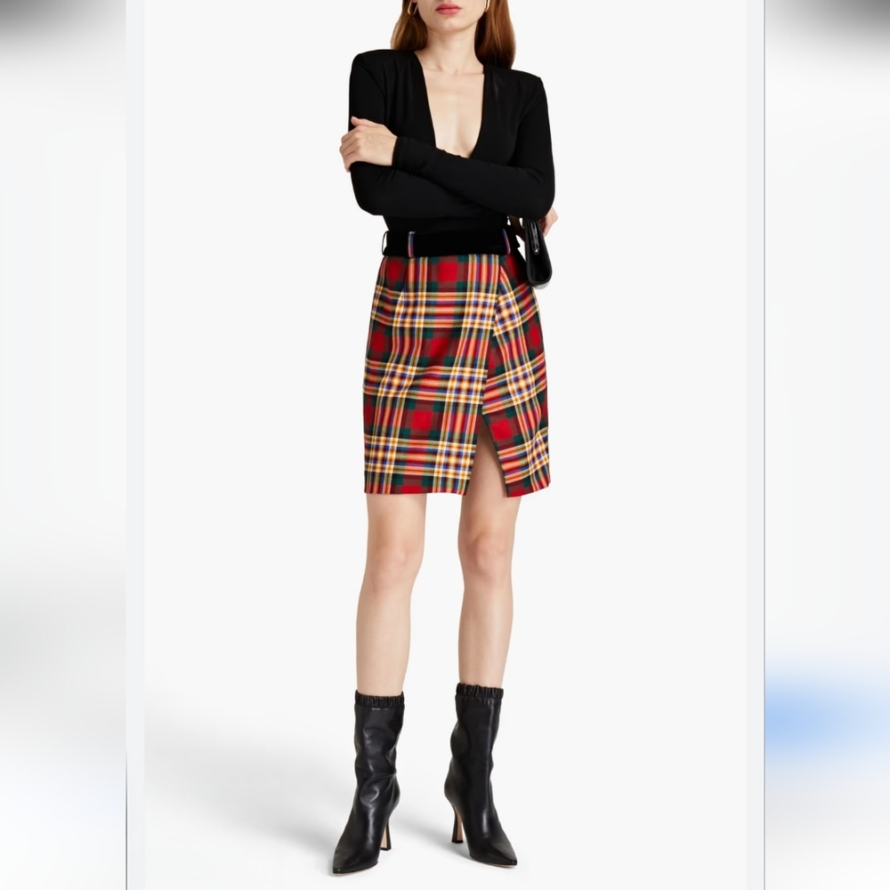 Alexandre Vauthier Velvet Trimmed Checkered Wool‎ Size 36 Plaid Skirt